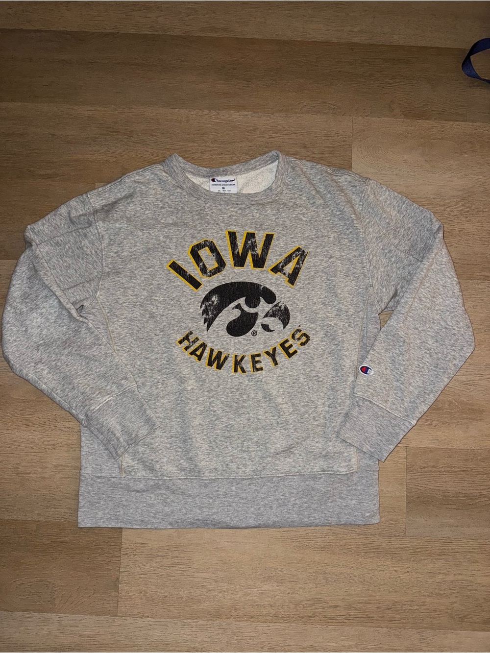 Champion Heather Gray Iowa Hawkeyes Crewneck Sweatshirt with Black and Gold Logo
